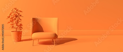 Billede på lærred Relaxing chair with plant - Monochrome minimal theme - 3D render