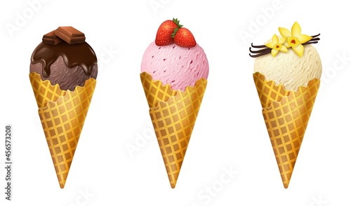 Realistic Detailed 3d Waffle Cone with Scoops of Ice Cream Set. Vector illustration of Icecream Vanilla, Chocolate and Strawberry Flavors