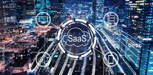 SaaS - software as a service concept with aerial view of a large train station