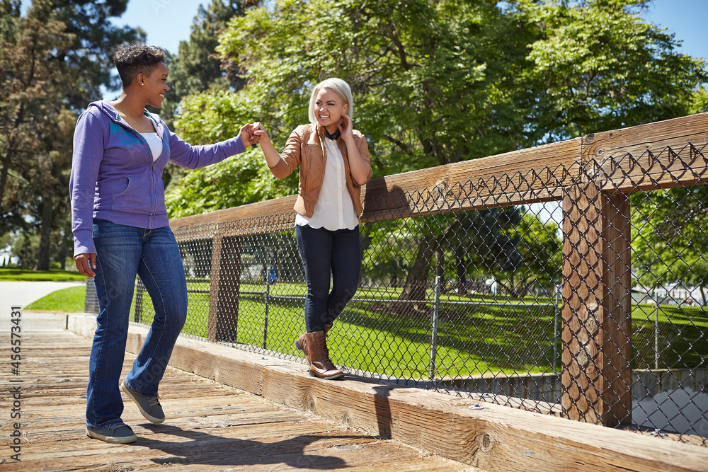Naklejka premium Lesbian couple holding hands whilst strolling on park footbridge