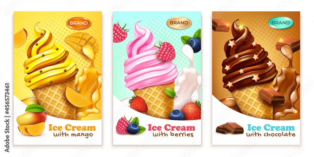 Realistic Detailed 3d Ice Cream Cone Ads Banner Concept Poster Card Set. Vector illustration of Icecream with Sweet Mango, Berries and Chocolate