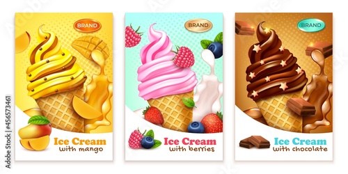 Realistic Detailed 3d Ice Cream Cone Ads Banner Concept Poster Card Set. Vector illustration of Icecream with Sweet Mango, Berries and Chocolate