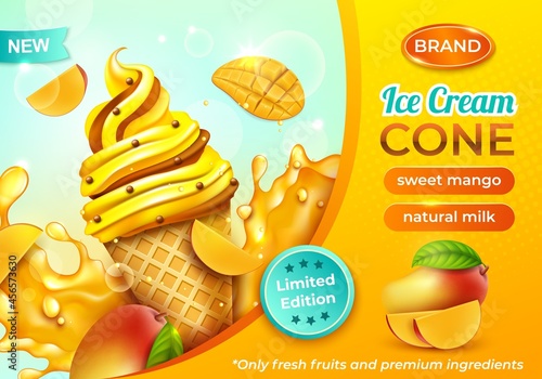 Realistic Detailed 3d Sweet Mango Ice Cream Cone Horizontal Ads Banner Concept Poster Card. Vector illustration of Icecream
