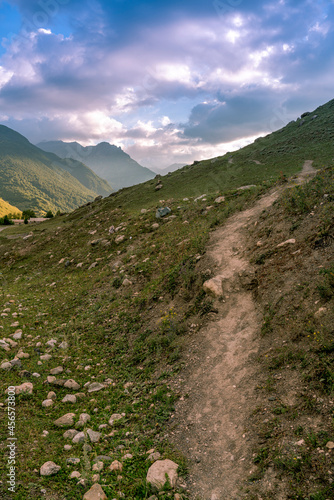 Mountain trail. North Ossetia Alania. The surroundings of the city of Fiagdon. Vertical format.