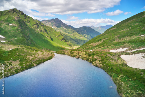 Aerial beautiful summer landscape of Caucasus mountain. Dukka lakes near Arkhyz village in Russia. Daylight mountain landscape.