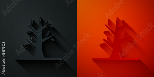 Paper cut Bare tree icon isolated on black and red background. Paper art style. Vector