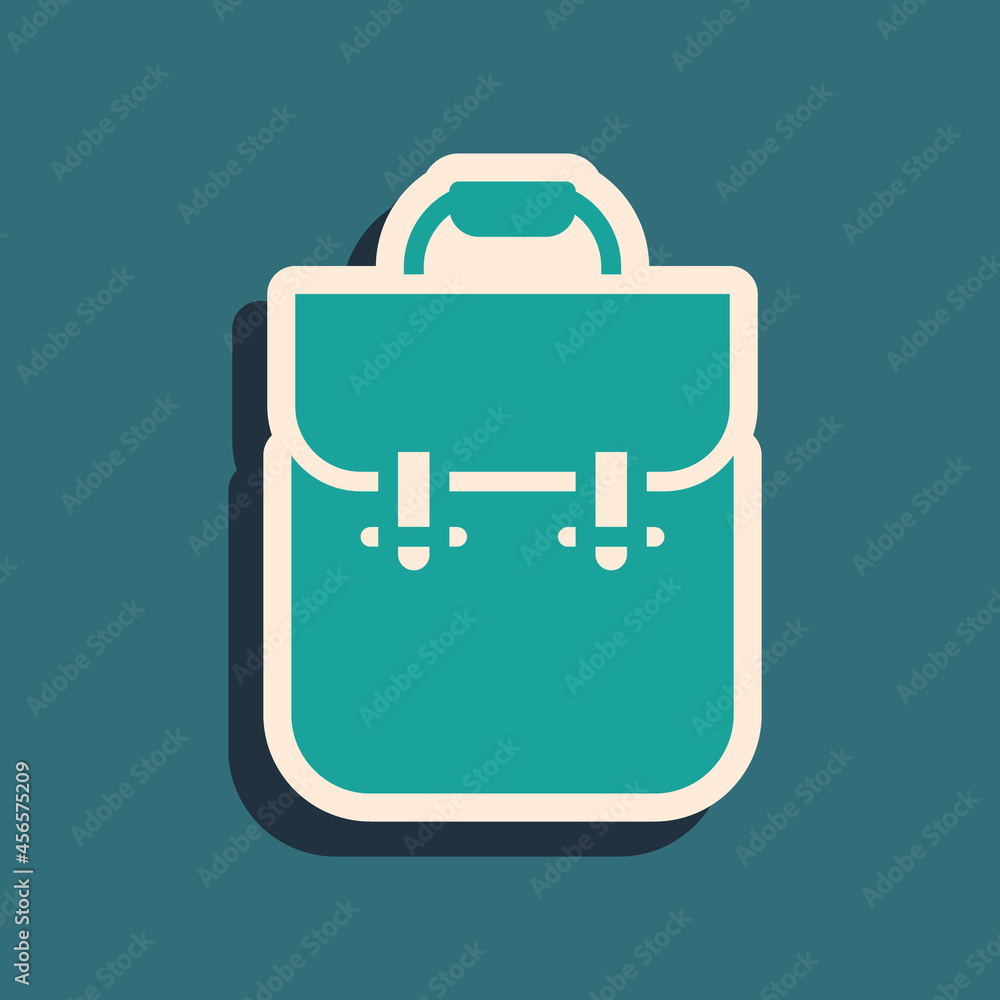 Green School backpack icon isolated on green background. Long shadow style. Vector