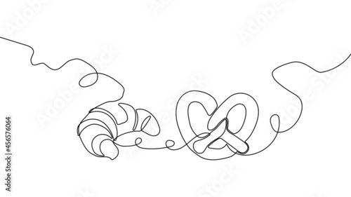 Pastries, sweet buns one line set art. Continuous line drawing of pretzel, croissant.