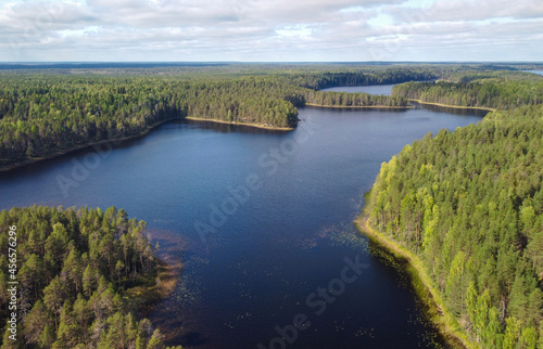 Aerial panorama with a beautiful forest lake. The system of Siya lakes, Arkhangelsk region, Russia.