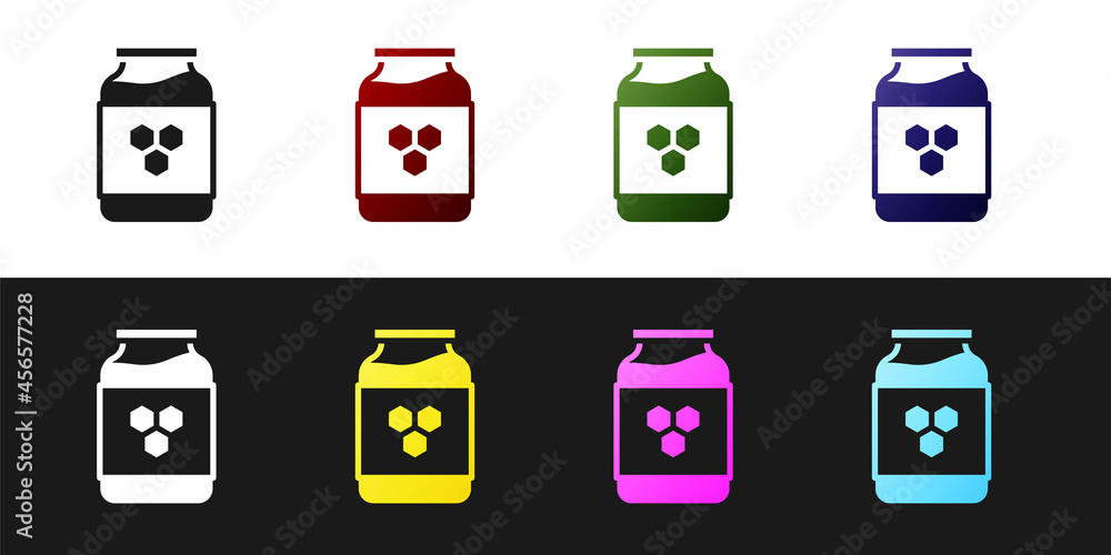 Set Jar of honey icon isolated on black and white background. Food bank. Sweet natural food symbol. Vector Set Jar of honey icon isolated on black and white background. Food bank. Sweet natural food symbol. Vector
