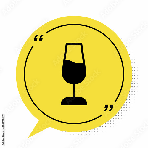 Black Wine glass icon isolated on white background. Wineglass sign. Yellow speech bubble symbol. Vector