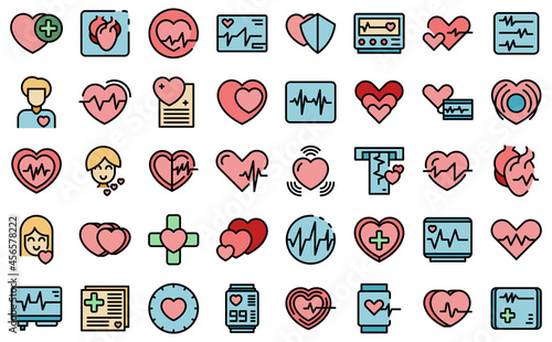 Palpitating icons set outline vector. Aid abdomen attack. Breath disorder photo