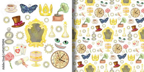 Fairy Tale Alice through the looking glass set and seamless pattern