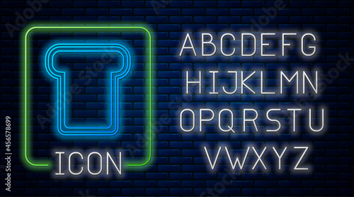 Glowing neon Bread toast for sandwich piece of roasted crouton icon isolated on brick wall background. Lunch, dinner, breakfast snack. Neon light alphabet. Vector