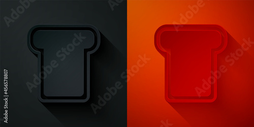 Paper cut Bread toast for sandwich piece of roasted crouton icon isolated on black and red background. Lunch, dinner, breakfast snack. Paper art style. Vector