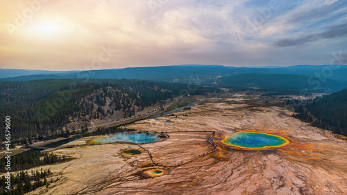 Aerial view Grand Prismatic Spring in Yellowstone National Park