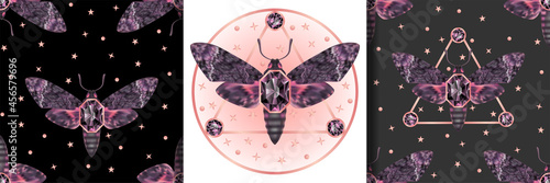 Death head moth jewelry print and seamless patterns set