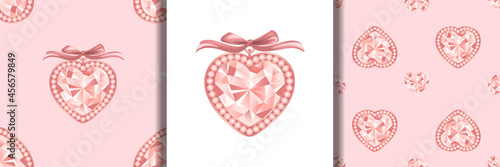 Pink Diamond jewelry print and seamless patterns set with pearls and bow