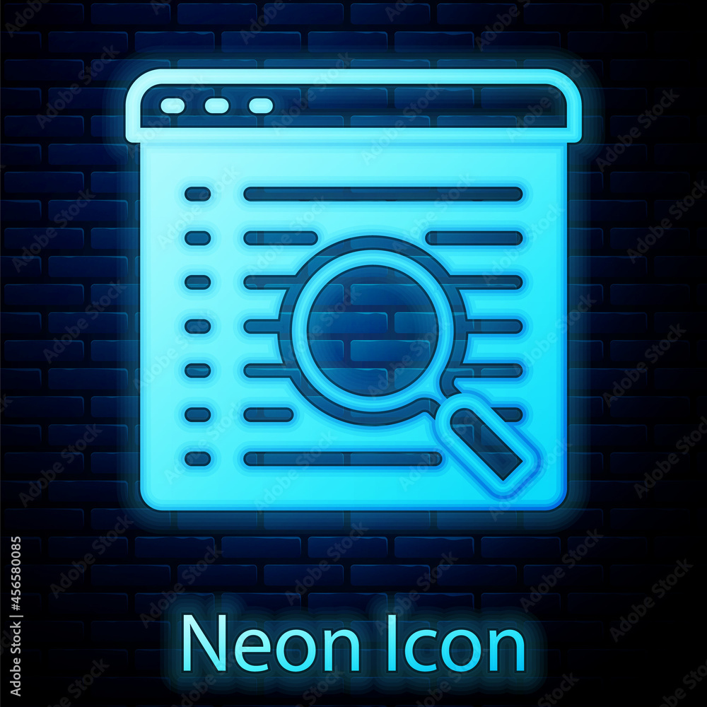 Glowing neon Search engine icon isolated on brick wall background. Vector Glowing neon Search engine icon isolated on brick wall background. Vector