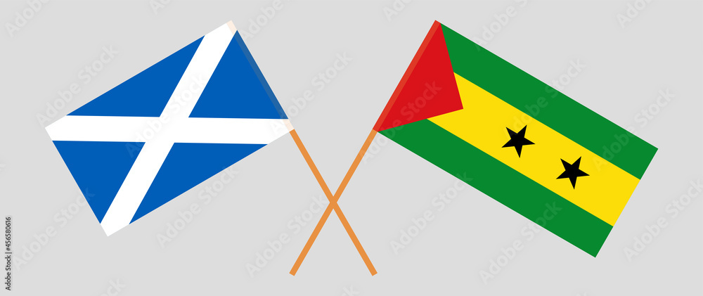 Crossed flags of Scotland and Sao Tome and Principe. Official colors. Correct proportion