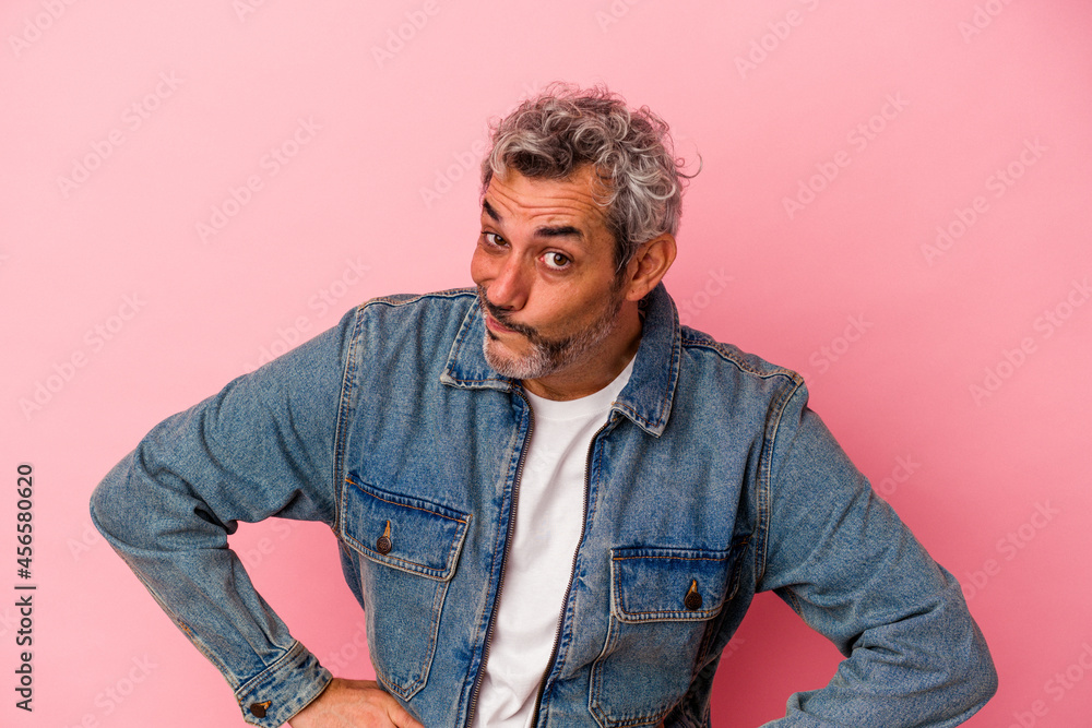Middle age caucasian man isolated on pink background confused, feels doubtful and unsure. Middle age caucasian man isolated on pink background confused, feels doubtful and unsure.