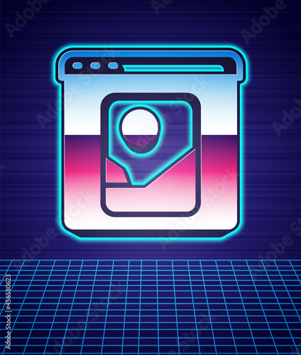 Retro style Photo retouching icon isolated futuristic landscape background. Photographer, photography, retouch icon. 80s fashion party. Vector
