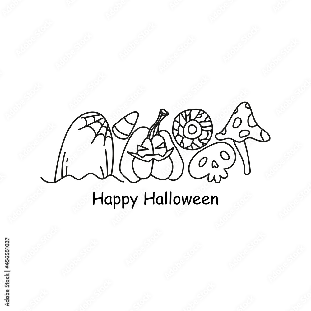 doodle Halloween poster with lettering and outline elements, grave with spiderweb, skull, irritated eye, mushroom, jack o lantern, candy corn. isolated on white background doodle Halloween poster with lettering and outline elements, grave with spiderweb, skull, irritated eye, mushroom, jack o lantern, candy corn. isolated on white background
