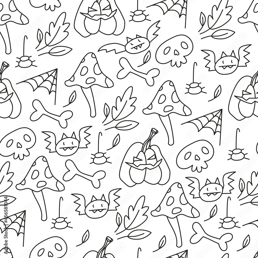 seamless pattern with doodle Halloween icons including mushroom. bat, bone, leaf, skull, jack o lantern, spiderweb, spider