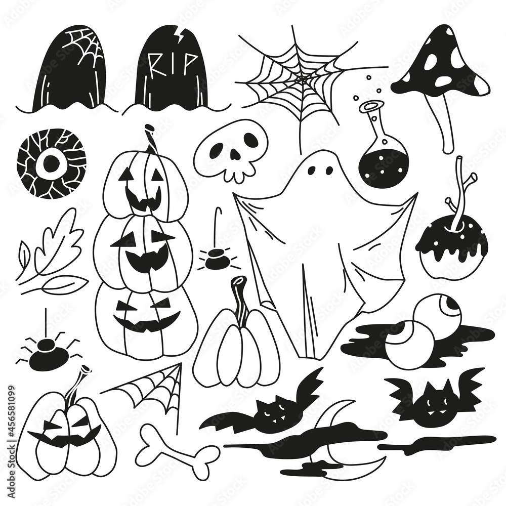 Halloween concept. doodle set of black and white Halloween elements ...