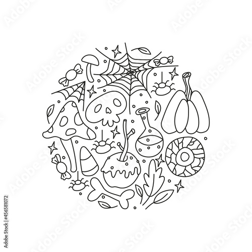 Doodle outline Halloween icons including pumpkin, caramel apple, spiderweb, poison, leaves, candy corn, bone, skull, eye composed in circle shape, isolated vector illustration on white background