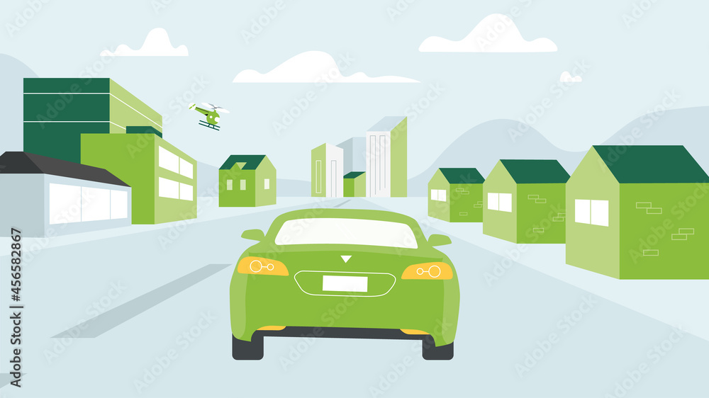 Urban landscape street with car, skyline city buildings and road going to the city.