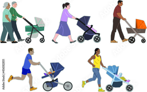 People walking and running with strollers