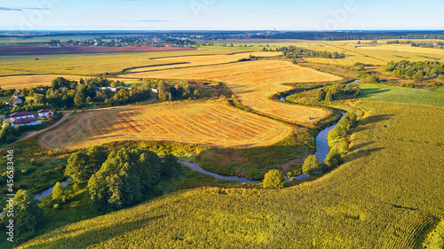 Obraz na płótnie Farmland Corn harvest. September agriculture fields aerial panorama. Sunny autumn landscape w salonie