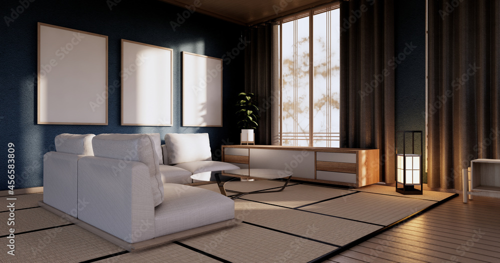 Fototapeta premium blue color room design interior with door paper and cabinet shelf wall on tatami mat floor room japanese style. 3D rendering