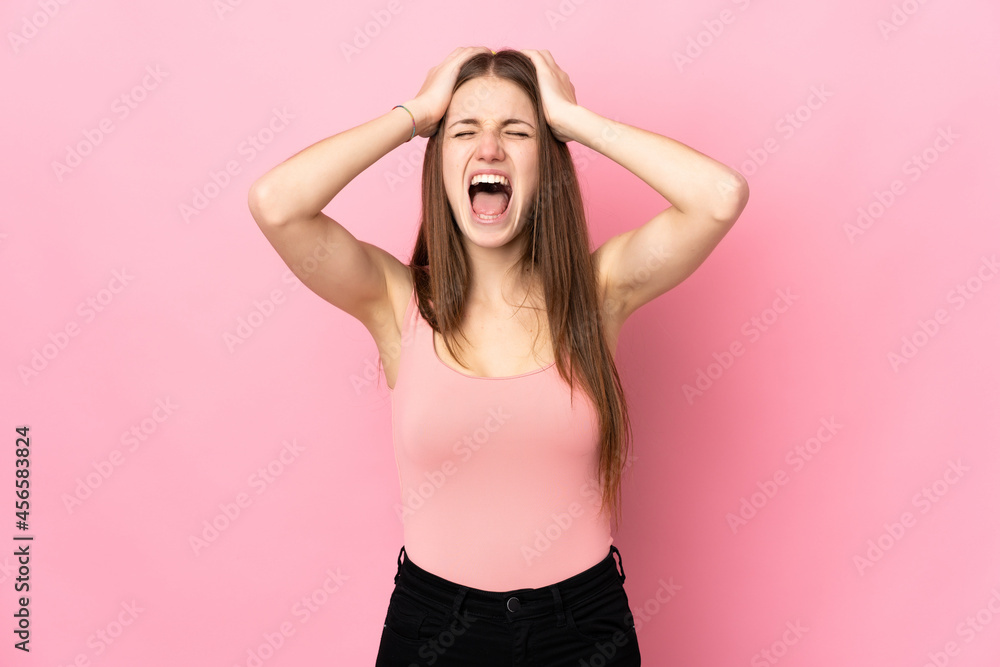 Young caucasian woman isolated on pink background stressed overwhelmed Young caucasian woman isolated on pink background stressed overwhelmed