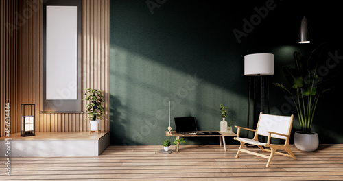 The vintage cabinet design, Green Living room with armchair japanese style.3D rendering
