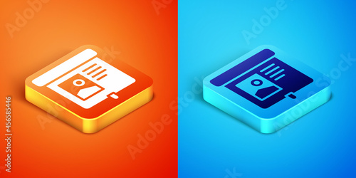 Isometric Projection screen icon isolated on orange and blue background. Business presentation visual content like slides, infographics and video. Vector