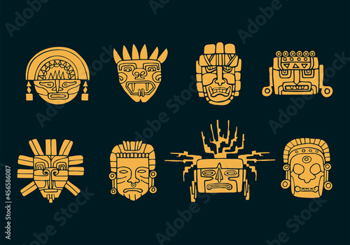 Vector Set of South America Indian Masks. Tribal Aztec, Maya, Inca Symbols. Hand Drawn Illustration.