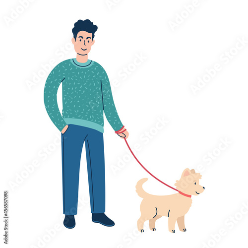 walking a dog on a leash. flat style illustration.