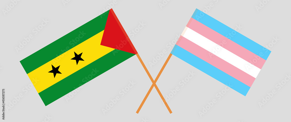 Crossed flags of Sao Tome and Principe and transgender pride. Official colors. Correct proportion