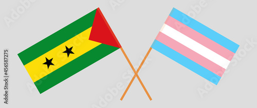 Crossed flags of Sao Tome and Principe and transgender pride. Official colors. Correct proportion