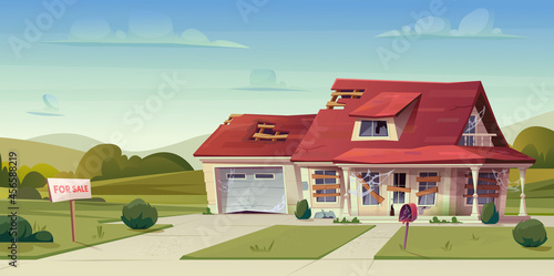 Abandoned house, empty broken cottage, real estate countryside building exterior. Two storey dwelling place with garage