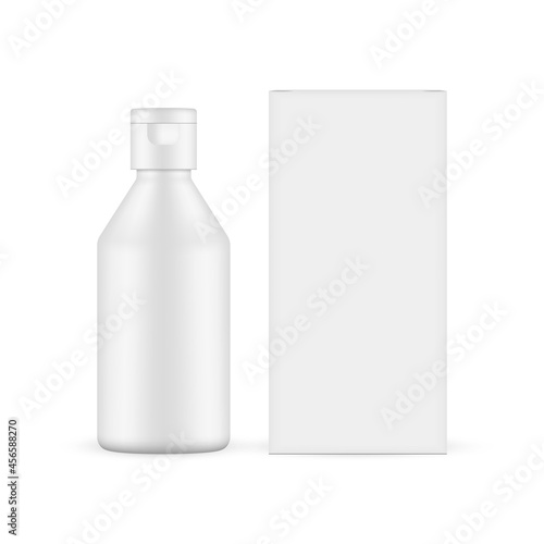 Bottle with Flip Top Cap for Soap or Sanitizer, Packaging Box Front View, Isolated on White Background. Vector Illustration