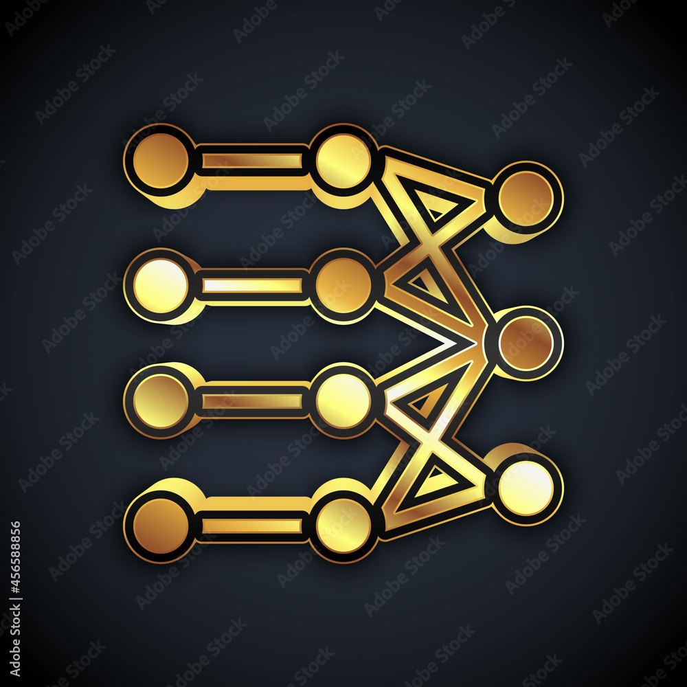 Gold Neural network icon isolated on black background. Artificial intelligence AI. Vector Gold Neural network icon isolated on black background. Artificial intelligence AI. Vector