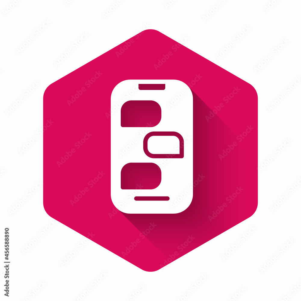 White New chat messages notification on phone icon isolated with long shadow background. Smartphone chatting sms messages speech bubbles. Pink hexagon button. Vector White New chat messages notification on phone icon isolated with long shadow background. Smartphone chatting sms messages speech bubbles. Pink hexagon button. Vector