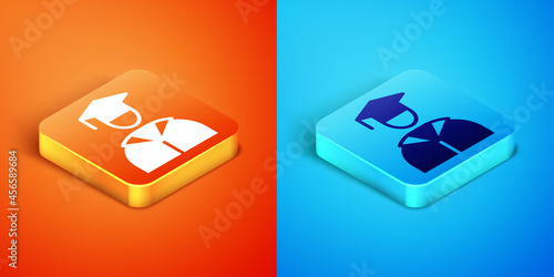 Isometric Graduate and graduation cap icon isolated on orange and blue background. Vector