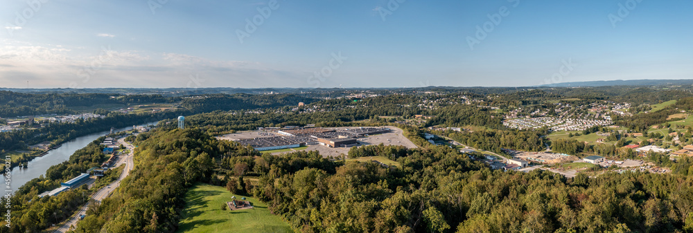 Panoramic aerial view of Morgantown in West Virginia from Dorseys Knob towards downtown. The almost abandoned Morgantown Mall in the foreground