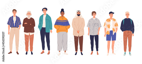 Diverse group of young men standing together. Flat cartoon vector illustration.