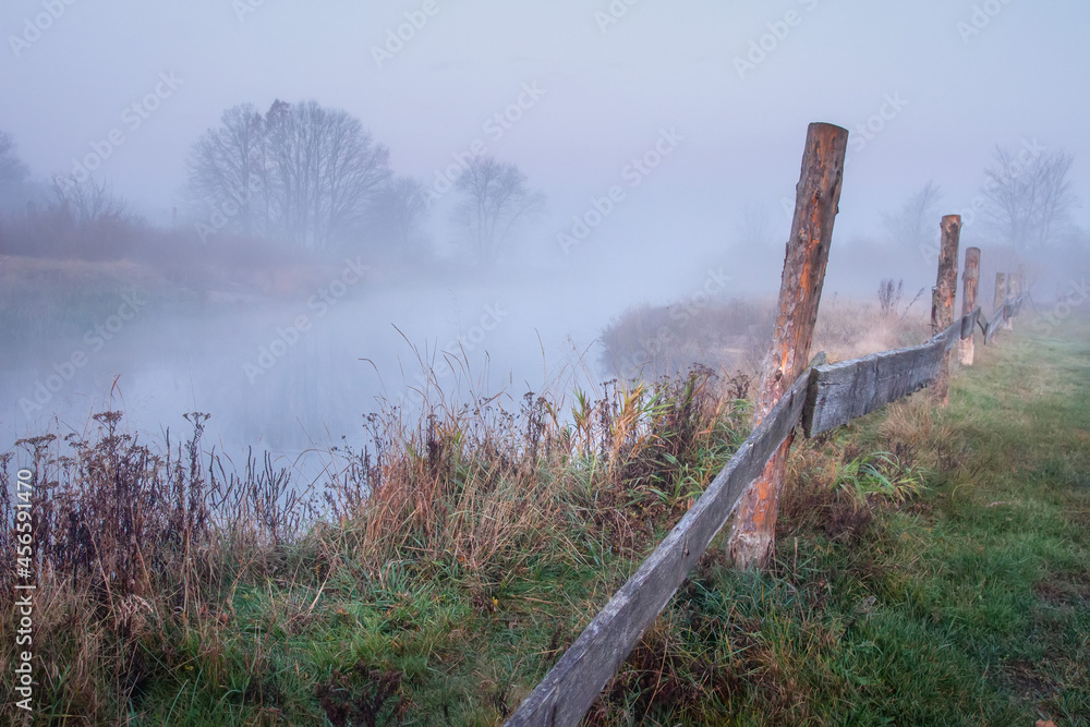 Scenery of autumn nature on misty sunrise. Road near misty river. Dry grass along the river bank.