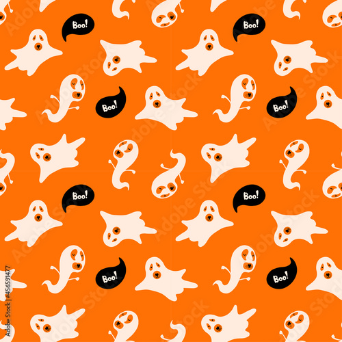 Halloween vector seamless pattern with cute characters. Dogs wearing ghosts costumes and boo lettering on orange background. Cartoon style illustration for paper, games, textiles, web design.